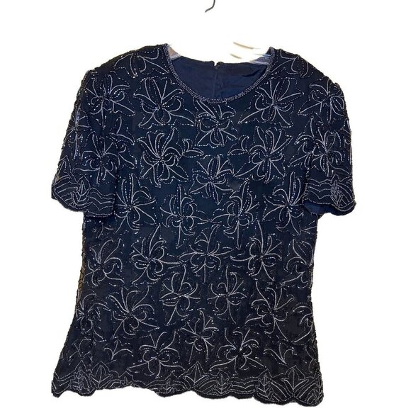 Black 80's Beaded Silk Evening Formal Blouse Top Lined Shoulder Pads - Picture 1 of 2